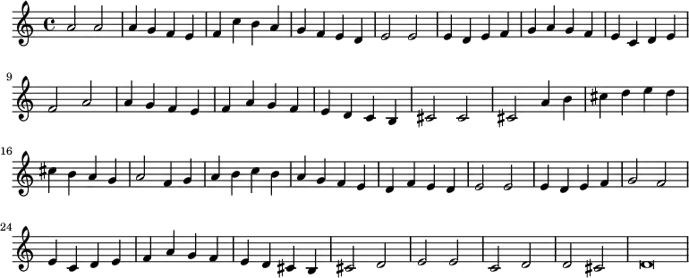 { \time 4/4 \relative a' { a2 a | a4 g f e | f c' b a | g f e d | e2 e | e4 d e f | g a g f | e c d e | f2 a | a4 g f e | f a g f | e d c b | cis2 cis | cis a'4 b | cis d e d | cis b a g | a2 f4 g | a b c b | a g f e | d f e d | e2 e | e4 d e f | g2 f | e4 c d e | f a g f | e4 d cis b | cis2 d | e e | c d | d cis | d\breve*1/2 } }