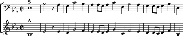 \new ChoirStaff << \override Score.Rest #'style = #'classical %vorbis not appropriate in aligned examples
\new Staff \relative e { \clef bass \key ees \major \time 2/2
ees1^\markup \bold "S" | bes'2 r4 aes4 | g c2 bes4 |
aes aes8 g aes4 c | f, bes2 aes4 | g g8 f g4 bes | ees, }
\new Staff \relative b { \key ees \major
bes1^\markup \bold "A" | ees2 r4 ees | d g2 f4 |
ees ees8 d ees4 g | c, f2 ees4 | d d8 c d4 f | bes, } >>