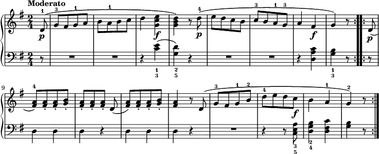 \new PianoStaff <<
\new Staff { \time 2/4 \key g \major \partial 8 \tempo "Moderato" \relative d' {
 \repeat volta 2 {
  d8-1\p^\( | g-3[ fis g-1 a] |
  b[ a-1 b c] | d4 <e c g>\f |
  <d b g>\) r8 d-4\p^\( |
  e[ d c b] | c-3[ b a-1 g-3] |
  a4 fis\f | g\) r8 }
 \repeat volta 2 {
  d8\p( | <a' fis>)^4[ q-. q-. <b g>-.] |
  <a fis>-.[ q-. q-.] d,( | q)[ q-. q-. <b' g>-.] | 
  <a fis>4 r8 d,^\( | 
  g-3[ fis g-1 b-2] | d-4[ e d c\f] |
  b4 a-1 | g-2\) r8 } } }
\new Staff { \clef bass \key g \major
  \repeat volta 2 { r8 R2*2 | r4 <c'_3 e'_1>( | <g_5 d'_2>) r | R2*2 | r4 <d a c'>( | <g_3 b_1> r8 }
  \repeat volta 2 { r8 | d4 d | d r | d d | d r | R2 | r4 r8 <c_5 e_3 a> | <d_4 g_2 b>4 <d fis c'> | <g b> r8 } } >>
