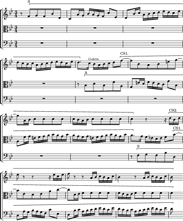 \new ChoirStaff << \override Score.BarNumber #'break-visibility = #'#(#f #f #f) \override Score.Rest #'style = #'classical
  \new Staff \relative f' { \key bes \major \time 3/4
    r8 \[ f^"S" g f bes d, | c a'16 g bes a g f c'8 ees, |
    d bes'16 c a bes c d ees d c ees |
    d c bes c a bes c d ees d c ees |
    d8.[ \] c16]^\markup \tiny \italic "Codetta." bes a bes c d8[ \[ f]^"CS1." ~ |
    f bes, a bes e g ~ | g a,16 bes c8 c c c |
    c16 bes a bes c8 c c c | c4 \] r r16 \[ d^"CS2." bes d |
    ees8 r r4 r16 ees c ees | f8 r r a,16 bes c bes a c |
    bes4 r8 a16 bes c bes a c | bes8 \] s }
  \new Staff \relative b { \clef alto \key bes \major R2.*4
    r8 \[ bes^"A" d bes f' a, | g e'16 d f e d c g'8 bes, |
    a8 f'16 g e f g a bes a g bes | a g f g e f g a bes a g bes |
    a8.[ \] g16] f ees! d ees f8 \[ bes^"CS1." ~ |
    bes ees, d ees a c ~ | c d,16 ees f8 f f f |
    f16 ees d ees f8 f f f | f4 \] }
  \new Staff \relative f { \clef bass \key bes \major R2.*8
    r8 \[ f^"S" g f bes d, |
    c a'16 g bes a g f c'8 ees, |
    d bes'16 c a bes c d ees d c ees |
    d c bes c a bes c d ees d c ees | d8 \] s } >>