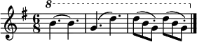 
{ \new Staff <<
  \set Staff.midiInstrument = #"recorder"
  \clef treble \time 6/8 \key g \major
  \relative c''' {
    \set Staff.ottavationMarkups = #ottavation-ordinals
    \ottava #1
    b4. ~ b |
    g (d') |
    d8 (b g-.) d' (b g-.) \bar "|."
  }
>> }
