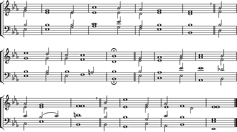 
\new ChoirStaff <<
  \new Staff { \clef treble \time 3/2 \key es \major \partial 2 \set Staff.midiInstrument = "church organ" \omit Staff.TimeSignature \set Score.tempoHideNote = ##t \override Score.BarNumber  #'transparent = ##t 
  \relative c''
  << { bes2 | g1 es2 | c'1 bes2 | aes g1 | f \breathe \bar"||" bes2 \break
       es1 d2 | c c1 | bes \fermata \bar"||" g2 | aes1 bes2 | c1 bes2 \break
       aes g1 | f \breathe \bar"||" bes2 | es1 g,2 | aes f1 | es1 \bar"|." } \\
  { g2 | es1 es2 | es1 es2 | d es1 | d f2 |
    g1 g2 | g f1 | d1 es2 | es1 g2 | aes1 f2 |
    es es1 | f d2| es1 es2 | es1 d2 | es1 } >>
  } 
\new Staff { \clef bass \key es \major \set Staff.midiInstrument = "church organ" \omit Staff.TimeSignature \override Staff.NoteHead.style = #'altdefault
  \relative c'
  << { bes2 | bes1 bes2 | c1 es2 | aes, bes1 | bes bes2 |
       bes1 bes2 | bes1 a2 | bes1 bes2 | aes1 es'2 | es1 des2 |
       c bes( c) | d!1 bes2 | bes1 g2 | c bes1 | g1 } \\
  { es2 | es1 g2 | aes1 g2 | f es1 | bes d2 |
    es1 g2 | es f1 | bes, \fermata es2 | c1 es2 | aes,1 bes2 |
    c es1 | bes bes2 | g1 c2 | aes bes1 | es1 } \\
       \tiny \override NoteColumn.force-hshift = #0.1 { s2 | s1. | s1. | s1. | s1. |
                s1. | s1. | s1. | s1. | s1. |
                s1. | s1. | s1. | s1. | es,1 } >>
  } 
>>
\layout { indent = #0 }
\midi { \tempo 2 = 63 }
