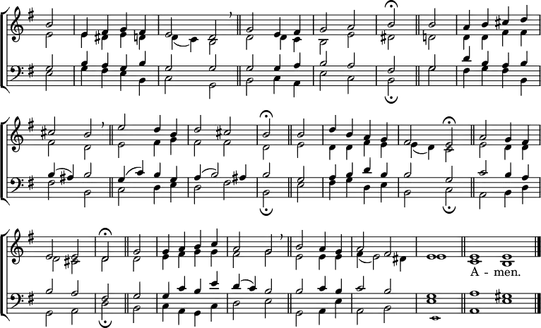 \new ChoirStaff <<
\new Staff { \clef treble \time 4/4 \key e \minor \partial 2 \set Staff.midiInstrument = "church organ" \omit Staff.TimeSignature \set Score.tempoHideNote = ##t \override Score.BarNumber #'transparent = ##t
\relative c''
<< { b2 | e,4 fis g fis | e2 d \breathe \bar"||"
g e4 fis | g2 a | b \fermata \bar"||"
b | a4 b cis d \break cis2 b \breathe \bar"||"
e d4 b | d2 cis | b \fermata \bar"||"
b | d4 b a g | fis2 e \fermata \bar"||"
a g4 fis \break e2 e | d \fermata \bar"||"
g | g4 a b c | a2 g \breathe \bar"||"
b a4 g | a2 fis | e1 \bar"||" \cadenzaOn e e \bar"|." } \\
{ e2 | 4 dis e d | d( c) b2 | d d4 c | b2 e | dis d | d4 d fis fis
fis2 d | e fis4 g | fis2 2 | d e | d4 d fis e | e( d) c2 | e d4 d
d2 cis | d d | e4 fis g g | fis2 g | e2 4 4 | fis( e2) dis4 | e1 | c b } >>
}
\addlyrics { _ _ _ _ _ _ _ _ _ _ _ _ _ _
_ _ _ _ _ _ _ _ _ _ _ _ _ _
_ _ _ _ _ _ _ _ _ _ _ _ _ _
_ _ _ _ _ _ _ _ _ _ _ _ _ _ A -- men. }
\new Staff { \clef bass \key e \minor \set Staff.midiInstrument = "church organ" \omit Staff.TimeSignature
\relative c'
<< { g2 | b4 a g b | g2 g | g g4 a | b2 a | fis g | d'4 b a b
b( ais) b2 | g4( c) b g | a( b2) ais4 | b2 g | a4 b d b | b2 g | c b4 a
b2 a | fis g | g4 c b e | d( c) b2 | b c4 b | c2 b | g1 | a gis } \\
{ e2 | g4 fis e b | c2 g | b c4 a | e'2 c | b \fermata g' | fis4 g fis b,
fis'2 b, | c d4 e | d2 fis | b, \fermata e | fis4 g d e | b2 c \fermata a b4 d
g,2 a | d \fermata b | c4 a g c | d2 e | g, a4 e' | a,2 b | e1 | a, e' } \\
\tiny { s2 | s1 | s | s | s | s | s
s | s | s | s | s | s | s
s | s | s | s | s | s | e, } >>
}
>>
\layout { indent = #0 }
\midi { \tempo 4 = 96 }