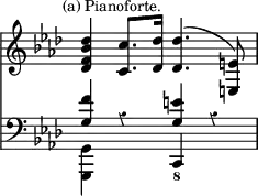 { << \new Staff \relative d' { \override Score.Rest #'style = #'classical \override Score.TimeSignature #'stencil = ##f \key f \minor \mark \markup \small "(a) Pianoforte."
<des f bes des>4 <c c'>8. <des des'>16 q4.^( <e e,>8) }
\new Staff \relative g { \clef bass \key f \minor
<< { <g f'>4 r <g e'> r } \\ { <g, g,> s \stemUp c,_8 } >> } >> }