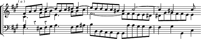 \new ChoirStaff << \override Score.Rest #'style = #'classical \override Score.TimeSignature #'stencil = ##f
\new Staff \relative f' { \key fis \minor \time 6/4 \mark \markup \tiny { (\italic"a") } <<
{ fis8 a b cis d4 ^~ d8 b cis dis e4 ^~ |
e8 d d cis cis bis bis4 cis2 ^~ | cis4 bis2 cis8 } \\
{ cis,4. gis'8 a b e,4. a8 b cis |
fis,2. _~ fis8 fis fis e e dis |
dis gis gis fis fis e e4 } >> }
\new Staff \relative a { \clef bass \key fis \minor <<
{ a4 r r } \\
{ fis4. eis8 fis gis a4. fis8 gis ais |
b b, b a a gis gis a' a gis gis fis | fis4 gis gis, cis } >> } >>