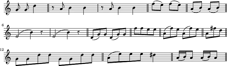 { \override Score.TimeSignature #'stencil = ##f \override Score.Rest #'style = #'classical \time 2/4 \relative g' { \autoBeamOff g8 g d'4 \bar "||"
 \time 3/4 r8 a b4 b | r8 a b4 b \bar "||"
 \time 2/4 f'8[( e]) f[( e]) \bar "||" 
 a,[( b]) a[( b]) \bar "||" \break
\time 4/4 e,2( b'4) r | e,2( b'4) r \bar "||"
 \autoBeamOn \time 6/8 d,8( g) g d( g) g \bar "||" 
\time 2/4 f'[ f e e] \bar "||" 
\time 6/8 a,( f') e a,( f') e \bar "||" 
\time 3/8 a, fis' d \bar "||" \break
 \time 4/4 g, g d' d g, g d' d \bar "||"
 \time 3/4 a( e') e e dis4 \bar "||"
 \time 2/4 a16( b) a8 a16( b) a8 \bar "||" } }