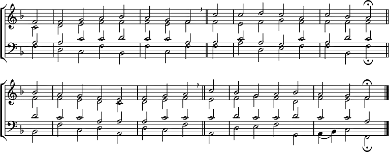 
\new ChoirStaff <<
  \new Staff { \clef treble \time 4/2 \key f \major \partial 2 \set Staff.midiInstrument = "church organ" \omit Staff.TimeSignature \set Score.tempoHideNote = ##t \override Score.BarNumber  #'transparent = ##t 
  \relative c'
  << { f2 | f g a bes | a g f \breathe \bar"||" c' | c d c a | c bes a \fermata \bar"||" \break
     bes | a g f e | f g a \breathe \bar"||" c| bes g a bes | a g f \fermata \bar"|."} \\
  { c2 | d e f f | f e f f | e f g f | f f f 
  f | f e d c | d e f e | f g f d | f e f } >>
  }
\new Staff { \clef bass \key f \major \set Staff.midiInstrument = "church organ" \omit Staff.TimeSignature
  \relative c'
  << { a2 | a c c d | c c a a | c a g c | a d c
     d | c c a a | a c c c |d c c d | c c a } \\
    { f2 | d c f bes, | f' c f f | a d, e f | f bes, f' \fermata
    bes, | f' c d a | d c f a, | d e f g, a4( bes) c2 f, \fermata } >>
  } 
>>
\layout { indent = #0 }
\midi { \tempo 2 = 72 }
