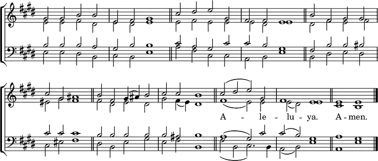 
\new ChoirStaff <<
  \new Staff { \clef treble \time 4/2 \key e \major \set Staff.midiInstrument = "church organ" \omit Staff.TimeSignature \set Score.tempoHideNote = ##t \override Score.BarNumber  #'transparent = ##t 
  \relative c''
  << { gis2 gis b b | e, fis gis1 \bar"||" cis2 dis e gis, | fis fis e1 \bar"||" b'2 fis gis gis \break
     cis gis ais1 \bar"||" b2 fis gis4( ais) b2 | cis cis b1 \bar"||" cis2( dis e) gis, | fis1 e \bar"||"
     e1 e \bar"|." } \\
  { e2 e fis dis | e dis e1 | e2 fis e e | e dis e1 | dis2 fis e fis
  eis gis fis1 | fis2 dis e dis | gis fis4( e) dis1 | fis1( e2) e | e( dis) e1
  cis b } >>
  } 
\addlyrics {_ _ _ _ _ _ _ _ _ _ _ _ _ _ _
            _ _ _ _ _ _ _ _ _ _ _ _ _ _ _ A -- _ _ le -- lu -- _ ya. A -- men.}
\new Staff { \clef bass \key e \major \set Staff.midiInstrument = "church organ" \omit Staff.TimeSignature
  \relative c'
  << { b2 b b a | gis b b1 | cis2 a gis cis | cis b gis1 | fis2 b b bis
     cis cis cis1 | b2 b b b | b ais b1 | a( gis2) cis | cis( b) gis1
     a gis } \\
  { e2 e dis b | cis b e1 | a2 fis cis cis | a b e1 | b2 dis e dis
  cis eis fis1 | dis2 b e gis | e fis b,1 | fis'2( b, cis2.) b4 | a2( b) e1
  a, e' } >>
  } 
>>
\layout { indent = #0 }
\midi { \tempo 2 = 72 }
