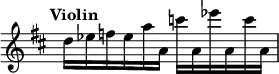 { \override Score.TimeSignature #'stencil = ##f \time 6/8 \tempo "Violin" \key d \major \relative d'' { d16 ees f ees a a, c' a, ees'' a,, c' a, | } }