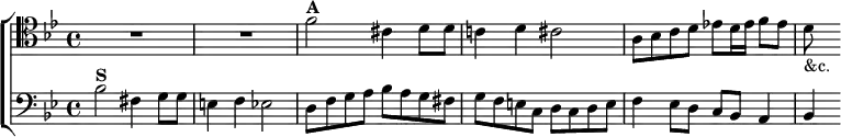 \new ChoirStaff <<
\new Staff \relative f' { \clef tenor \key bes \major \time 4/4 R1*2
f2^\markup \bold "A" cis4 d8 d | c!4 d cis2 |
a8 bes c d ees! d16 ees f8 ees | d_"&c." }
\new Staff \relative b { \clef bass \key bes \major
bes2^\markup \bold "S" fis4 g8 g | e4 f ees2 |
d8 f g a bes a g fis | g f e c d c d e |
f4 ees8 d c bes a4 | bes } >>