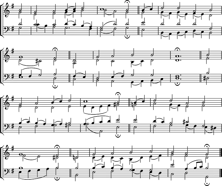 
\new ChoirStaff <<
  \new Staff { \clef treble \time 4/2 \key g \major \partial 2 \set Staff.midiInstrument = "church organ" \omit Staff.TimeSignature \set Score.tempoHideNote = ##t \override Score.BarNumber  #'transparent = ##t 
  \relative c''
  << { b2 | g a b4( c) d2 | c1 b2 \fermata \bar"||" b4( c) | d2 d a b | \break
       g1 fis2 \fermata \bar"||" d | g a b b | a1. \fermata \bar"||" b2 | \break
       g a b4( c) d2 | c1 b2 \fermata \bar"||" b4( c) | d2 d a b | \break
       g1 fis2 \fermata \bar"||" d! | g a b c | b a g \fermata \bar"|." } \\
  { g2 | e fis g4( a) b2 | b( a) g g | g4( fis) g( e) fis( e) d2 |
    d( cis) d a | d c b4( c) d2 | d1. fis2 |
    e d d e | e4( d e fis) gis2 g | a g4( fis) e2 fis |
    fis( e) dis d | d4( e) d( c) b( d) e( fis) | g2 fis d } >>
  } 
\new Staff { \clef bass \key g \major \set Staff.midiInstrument = "church organ" \omit Staff.TimeSignature \override Staff.NoteHead.style = #'altdefault
  \relative c'
  << { d2 | c c d4( c) b( a) | g2( d') d e | d d d fis, |
       g4( fis g2) a fis4( e) | d2 e4( fis) g2 g | fis1. b2 |
       b4( c) b( a) g( a) b2 | a4( b c d) e2 e | d4( c) b2 cis fis, |
       b1 b2 b | b4( c) b( a) g2 g | e' a,4( b8 c) b2 } \\
  { g2 | c4( b) a2 g2. fis4 | e2( fis) g \fermata e | b4( a) b( c) d( c) b2 |
    e1 d2 \fermata c | b a g4( a) b( c) | d1. \fermata dis2 |
    e fis g gis | a( a,) e' \fermata e | fis g g4( fis) e( dis) |
    e( fis g a) b2 \fermata b, | e fis g4( fis) e( d) | c2 d g, \fermata} >>
  } 
>>
\layout { indent = #0 }
\midi { \tempo 2 = 42 }
