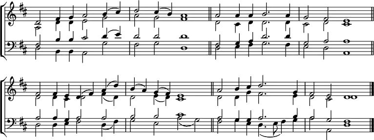 
\new ChoirStaff <<
  \new Staff { \clef treble \time 4/2 \key d \major \set Staff.midiInstrument = "church organ" \omit Staff.TimeSignature \set Score.tempoHideNote = ##t \override Score.BarNumber  #'transparent = ##t 
  \relative c'
  << { d2 fis4 g a2 b4( cis) | d2 cis4( b) a1 \bar"||" a2 a4 a b2. a4 | g2 fis e1 \bar"||" \break
     fis2 fis4 e d( fis) a( d) | b( a) g( fis) e1 \bar"||" a2 b4 cis d2. g,4 | fis2 e d1 \bar"|."} \\
  { a2 d4 d e2 g | a g fis1 | d2 cis4 d d2. d4 | cis2 d cis1 |
  d2 d4 cis d2 fis4( d) | d2 e4( d) cis1 | d2 d4 g fis2. e4 | d2 cis d1 } >>
  }
\new Staff { \clef bass \key d \major \set Staff.midiInstrument = "church organ" \omit Staff.TimeSignature
  \relative c
  << { fis2 b4 b cis2 d4( e) | d2 d d1 | fis,2 g4 a d2. d4 | g,2 a a1
     a2 a4 g a2 a | b b cis1 | a2 g4 g a2. b4 | a2 g fis1 } \\
    {d2 b4 b a2 g' | fis g d1 | d2 e4 fis g2. fis4 | e2 d a1
    d2 d4 e fis2 d4( fis) | g2 e a( g) | fis g4 e d4.( e8 fis4) g | a2 a, d1 } >>
  } 
>>
\layout { indent = #0 }
\midi { \tempo 2 = 76 }
