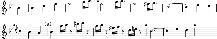 \relative b' { \key bes \major \time 3/4 \override Score.TimeSignature #'stencil = ##f \override Score.BarNumber #'break-visibility = #'#(#f #f #f) \override Score.TimeSignature #'stencil = ##f \partial 4
bes4 | bes d f | f2 a16 bes8. | \mark "•" f2 a16 bes8. | f2 fis16 g8.
c,2. ~ | c4 ees d | \mark "•" \appoggiatura d8 c4 bes a |
\mark "(a)" bes a'16 bes r8 cis16 d r8 |
a16 bes r8 fis16 g r8 d16 e r8 | \mark "•" c2. ~ c4 ees d | \mark "•" s }
