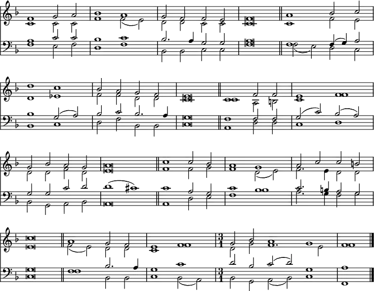 << <<
\new Staff { \clef treble \time 4/2 \key f \major \set Staff.midiInstrument = "church organ" \omit Staff.TimeSignature \set Score.tempoHideNote = ##t \override Score.BarNumber #'transparent = ##t \override Staff.NoteHead.style = #'altdefault
\relative c'
<< { f1 g2 a | bes1 a | g2 f f e | f \breve \bar"||" a1 bes2 c | \break
d1 c | bes2 a g f | e \breve \bar"||" c1 f2 f | e1 f | \break
g2 bes a g | a \breve \bar"||" c1 c2 bes | a1 g | a2 c c b | \break
c \breve \bar"||" a1 g2 f | e1 f |
\undo \omit Staff.TimeSignature \time 3/1 g2 bes a1 g | f \bar"|." } \\
{ c1 c2 c | f1 f2( e) | d d c c | c \breve | c1 f2 e |
d1 es | f2 f d d | c \breve | c1 a2 b | c1 f |
d2 d f d | e \breve | f1 f2 g | f1 d2( e) | f2. e4 d2 d |
e \breve | f2( e) d d | c1 f | d2 g f1. e2 | f1 } >>
}
\new Staff { \clef bass \key f \major \set Staff.midiInstrument = "church organ" \omit Staff.TimeSignature \override Staff.NoteHead.style = #'altdefault
\relative c'
<< { a1 c2 c | bes1 c | bes2. a4 g2 g | a \breve | f1 f4( g) a2 |
bes1 g2( a) | bes c bes2. a4 | g \breve | f1 f2 f | g( c) bes( a) |
g g c d | d1( cis) | c a2 g | c1 bes | c2. b4 a2 g |
g \breve | f1 bes2. a4 | g1 c |
\undo \omit Staff.TimeSignature d2 bes c( d) g,1 | a } \\
{ f1 e2 f | d1 f | bes,2 bes c c | f \breve | f2( e) d c |
bes1 c | d2 f bes, bes | c \breve | a1 d2 d | c1 d |
bes2 g a bes | a \breve | a1 d2 e | f1 bes | a2. g4 f2 g |
c, \breve | f1 bes,2 bes | c1 bes2( a) | bes g a( bes) c1 | f, } >>
}
>> >>
\layout { indent = #0 }
\midi { \tempo 2 = 66 }