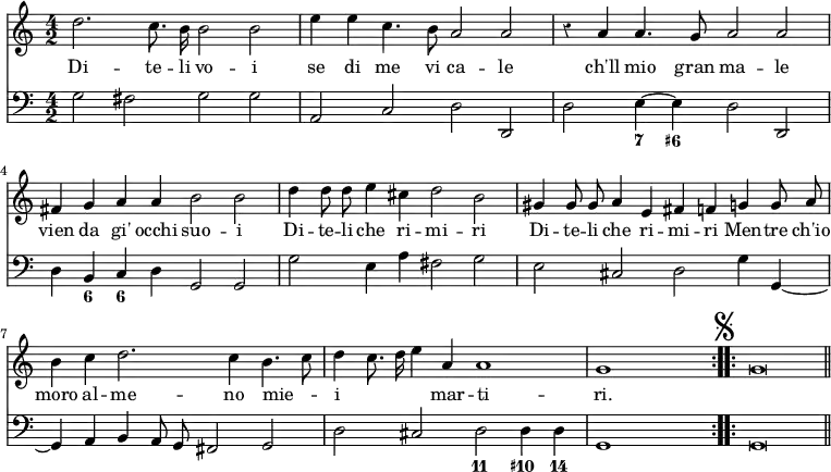 { \override Score.Rest #'style = #'classical << \new Staff { \time 4/2 \relative d'' { \repeat volta 2 { \autoBeamOff d2. c8. b16 b2 b | e4 e c4. b8 a2 a |
r4 a4 a4. g8 a2 a | fis4 g a a b2 b |
d4 d8 d e4 cis d2 b | gis4 gis8 gis a4 e fis f g g8 a |
b4 c d2. c4 b4. c8 | d4 c8. d16 e4 a, a1 | g s } \mark \markup { \musicglyph #"scripts.segno" } \repeat volta 2 { g\breve \bar "||" } } }
\addlyrics { Di -- te -- li vo -- i se di me vi ca -- le ch'll mio gran ma -- le vien da gi' occhi suo -- i Di -- te -- li che ri -- mi -- ri Di -- te -- li che ri -- mi -- ri Men -- tre ch'io moro al -- me -- no mie -- _ i _ _ _ mar -- ti -- ri. }
\new Staff { \clef bass \relative g { \autoBeamOff g2 fis g g | a, c d d, |
d' e4 ~ e d2 d, | d'4 b c d g,2 g |
g' e4 a fis2 g | e cis d g4 g, ~ |
g a b a8 g fis2 g | d' cis d d4 d | g,1 s g\breve } }
\figures { <_>\breve <_> <_>2 <7>4 <6+> <_>1 <_>4 <6> <6> <_> <_>1 <_>\breve <_> <_> <_>1 <11>2 <10+>4 <14> }
>> }