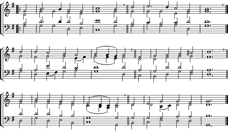 
\new ChoirStaff <<
  \new Staff { \clef treble \time 4/2 \key g \major \partial 2 \set Staff.midiInstrument = "church organ" \omit Staff.TimeSignature \set Score.tempoHideNote = ##t \override Score.BarNumber  #'transparent = ##t 
  \relative c''
  << { \bar".|:" g2 | b2. 4 a2 g | c1 b2 \breathe \bar"||" 
       d | e2. d4 c2 a | b1. \breathe \bar":|." \bar"|." \break
       d2 | d c b a | b( a4 g) a2 \breathe \bar"||"
       fis | g a b cis | d1. \breathe \bar"||" \break
       a2 | b a g fis | e( d4 c) d2 \breathe \bar"||"
       d | e g g fis | g1. \bar"|." } \\
  { d2 | g g fis e | g1 2 2 | 2 2 e fis | g1.
    g2 | fis g g e4( fis) | g2( fis4 e) fis2 | d d fis g g | fis1.
    fis2 | g fis e d | c( b4 a) b2 d | d b4( c) d2 d | d1. } >>
  }
\new Staff { \clef bass \key g \major \set Staff.midiInstrument = "church organ" \omit Staff.TimeSignature
  \relative c'
  << { b2 | d2. 4 2 b | e1 d2 b | c b c d | d1.
       b2 | a e' d c | d1 2 a | g d' d g, | a1.
       d2 | d d b b | g1 2 2 | 2 2 a a | b1. } \\
    { g2 | g g d e | c1 g'2 2 | c g a d, | g1.
      g2 | d e4( fis) g2 a | g1 d2 c | b d g e | d1.
      d2 | g d e b | c1 g2 b | c e d d | g,1. } >>
  } 
>>
\layout { indent = #0 }
\midi { \tempo 2 = 69 }
