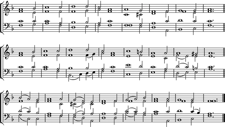 \new ChoirStaff <<
\new Staff { \clef treble \time 3/2 \key f \major \set Staff.midiInstrument = "church organ" \omit Staff.TimeSignature \set Score.tempoHideNote = ##t \override Score.BarNumber #'transparent = ##t
\relative c''
<< { a1 bes2 | c1 2 | d1 2 | c a1 | a g2 | f1 2 | g1 2 | a1. \bar"||" \break
a1 bes2 | c1 2 | d1 2 | c a1 | c b2 | a1 2 | 1 gis2 | a1. \bar"||" \break
bes2( a) g | a1 2 | g( f) e | f1 2 | g( a) bes | a1 2 | g1 2 | f1. \bar"|." } \\
{ f1 e2 | f1 2 | 1 g2 | a f1 | c cis2 | d1 f2 | 1 e2 | f1.
f1 e2 | f1 2 | 1 4( g) | a2 f1 | e f2 | e1 c2 | f( e) e | e1.
f1 e2 | f1 c2 | cis( d) cis | d1 f2 | 1 2 | 1 2 | 1 e2 | f1. } >>
}
\new Staff { \clef bass \key f \major \set Staff.midiInstrument = "church organ" \omit Staff.TimeSignature \override Staff.NoteHead.style = #'altdefault
\relative c'
<< { c1 2 | 1 a2 | bes1 2 | a c1 | f, g2 | a1 c2 | d1 c2 | 1.
c1 2 | 1 a2 | bes1 2 | a c1 | e d2 | c1 a2 | d( c) b | c1.
d2( c) bes | a1 f2 | g( a) a | a1 2 | d( c) bes | c1 2 | d1 c4( bes) | a1. } \\
{ f1 g2 | a1 f2 | d1 e2 | f f1 | f e2 | d1 a2 | bes1 c2 | f1.
f1 g2 | a1 f2 | bes,2.( c4) d( e) | f2 1 | c d2 | e1 f2 | d( e) e | a1.
g2( c,) c | f1 2 | e( d) a | d1 2 | bes'( a) g | a1 a,2 | bes1 c2 | f1. } >>
}
>>
\layout { indent = #0 }
\midi { \tempo 2 = 90 }