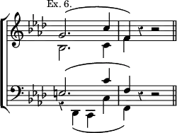 \new ChoirStaff << \override Score.Rest #'style = #'classical \override Score.TimeSignature #'stencil = ##f
\new Staff \relative g' { \key f \minor \time 4/4 \mark \markup \small "Ex. 6."
<< { g2.\( c4 | f,\) } \\ { bes,2. c4 | f } >> r4 r2 \bar "||" }
\new Staff \relative e { \clef bass \key f \minor
<< { e2.\( c'4 | f,\) } \\ { r4 des,\( c c' f,\) } >> r4 r2 } >>