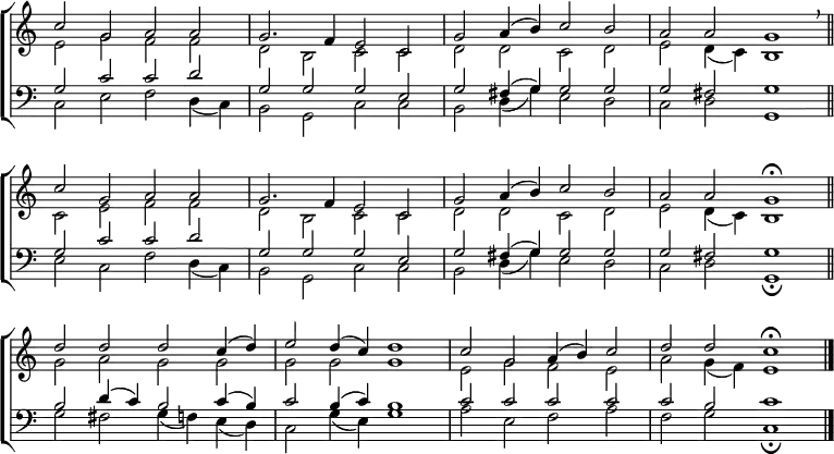 
\new ChoirStaff <<
  \new Staff { \clef treble \time 4/2 \key c \major \set Staff.midiInstrument = "church organ" \omit Staff.TimeSignature \set Score.tempoHideNote = ##t \override Score.BarNumber  #'transparent = ##t
  \relative c''
  << { c2 g a a | g2. f4 e2 c | g' a4( b) c2 b | a a g1 \breathe \bar"||" \break
       c2 g a a | g2. f4 e2 c | g' a4( b) c2 b | a a g1 \fermata \bar"||" \break
       d'2 d d c4( d) | e2 d4( c) d1 | c2 g a4( b) c2 | d d c1 \fermata \bar"|." } \\
  { e,2 g f f | d b c c | d d c d | e d4( c) b1
    c2 e f f | d b c c | d d c d | e d4( c) b1 
    g'2 a g g | g g g1 | e2 g f e | a g4( f) e1 } >>
  } 
\new Staff { \clef bass \key c \major \set Staff.midiInstrument = "church organ" \omit Staff.TimeSignature
  \relative c'
  << { g2 c c d | g, g g e | g fis4( g) g2 g | g fis g1
       g2 c c d | g, g g e | g fis4( g) g2 g | g fis g1
       b2 d4( c) b2 c4( b) | c2 b4( c) b1 | c2 c c c | c b c1 } \\
  { c,2 e f d4( c) | b2 g c c | b d4( g) e2 d | c d g,1
    e'2 c f d4( c) | b2 g c c | b d4( g) e2 d | c d g,1 \fermata
    g'2 fis g4( f) e( d) | c2 g'4( e) g1 | a2 e f a | f g c,1 \fermata} >>
  } 
>>
\layout { indent = #0 }
\midi { \tempo 2 = 66 }
