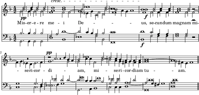 { << \new Staff << \time 4/2 \key d \minor \new Voice { \relative d'' { \stemUp d2. d4 d2 d | d1^\cresc d | bes2 ees1 d2 |
c\breve | bes1\! c2 c4 c | c1 c2 r |
R\breve | r2^\pp c2. d4 bes a | bes2 ees1 d2 ~ |
d c4 bes a g fis a | bes\breve | a \bar "||" } }
\new Voice { \relative bes' { \stemDown bes2.\pp bes4 bes 2 bes | a1 f2 f ~ | f ees4 g f2 bes ~ |
bes a4 g a1 | bes\f a2 a4 a | a1 a2 r |
R\breve | R\breve } }
\new Voice = "Altus" { \relative g' { \stemDown g2. g4 g2 g | f1 bes | g1 c,2 d |
f\breve | f1 f2 f4 f | f1 f2 f ~ |
f4 g ees d ees2. f4 | g1. g2 | g2 c4 c f,2 bes ~ |
bes a4 g fis g a fis | g\breve ~ | g2 fis4 e fis1 } }
>>
\new Lyrics \lyricsto "Altus" { Mis -- er -- e -- re me -- i De -- _ _ _ us, se -- cun -- dum mag -- nam mi -- _ se -- ri -- cor -- _ di -- _ am, _ _ mi -- _ se -- ri -- cor -- _ di -- am tu -- am. }
\new Staff { \clef bass \key d \minor << \new Voice { \relative b { \stemUp bes2. bes4 bes2 bes | f a d1 ~ | d2 c4 bes a2 bes |
c\breve | d1 c2 a4 a | a1 a2 r |
g1 g2. f4 | ees2 ees' d d ~ | d c4 c c2 bes |
g a a1 ~ | a2 g4 fis g1 | a\breve } }
\new Voice { \relative e' { \stemUp s\breve*8 | g1 f | ees2 ees a, d | d\breve | d } }
\new Voice { \relative g, { \stemDown g2. g4 g2 g | d'1 bes | ees f2 bes, |
f\breve | bes1\f f'2 f4 f | f1 f2 r |
c1 c2. d4 | ees2. f4 g1 | g,2. a4 bes1 |
c2 c4 c d1 | g,\breve | d' } } >> }
>> }