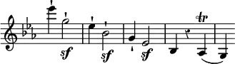 { \relative e''' { \key ees \major \time 3/4 \override Score.Rest #'style = #'classical \override Score.TimeSignature #'stencil = ##f
ees4-! g,2-!\sf | ees4-! bes2-!\sf |
g4-! ees2\sf | bes4 r aes(\trill | g) } }
