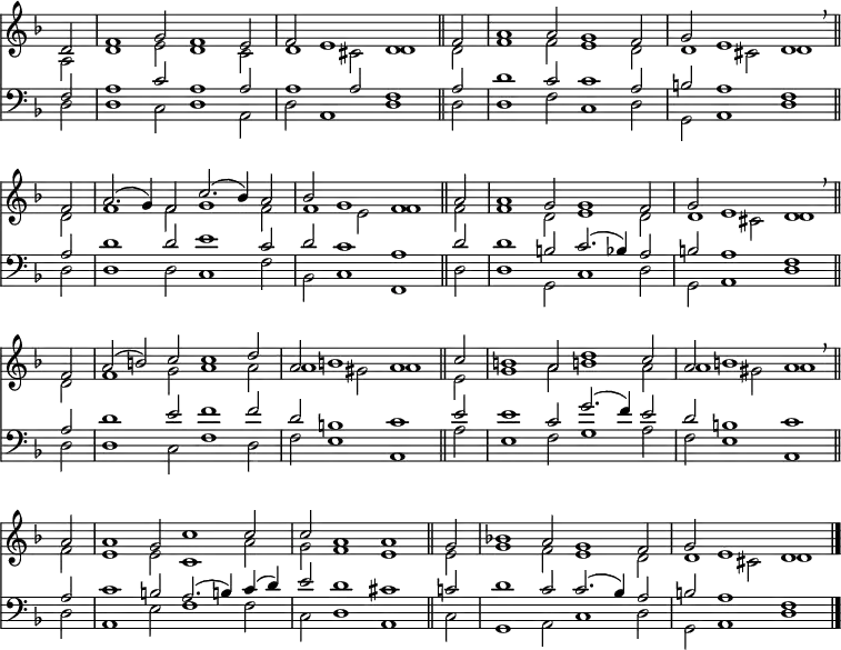 
<< <<
\new Staff { \clef treble \time 6/2 \key d \minor \partial 2 \set Staff.midiInstrument = "church organ" \omit Staff.TimeSignature \set Score.tempoHideNote = ##t \override Score.BarNumber  #'transparent = ##t
  \relative c'
  << { d2 | f1 g2 f1 e2 | f e1 d \bar"||" 
       f2 | a1 2 g1 f2 | g e1 d \breathe \bar"||" \break
       f2 | a2.( g4) f2 c'2.( bes4) a2 | bes g1 f \bar"||"
       a2 | a1 g2 1 f2 | g e1 d \breathe \bar"||" \break
       f2 | a2( b2) c c1 d2 | a b1 a \bar"||"
       c2 | b1 a2 d1 c2 | a b1 a \breathe \bar"||" \break
       a2 | 1 g2 c1 2 | 2 a1 a \bar"||"
       g2 | bes!1 a2 g1 f2 | g e1 d \bar"|." } \\
  { a2 | d1 e2 d1 c2 | d1 cis2 d1 2 | f1 2 e1 d2 | 1 cis2 d1
    d2 | f1 2 g1 f2 | 1 e2 f1 2 | 1 d2 e1 d2 | 1 cis2 d1
    d2 | f1 g2 a1 2 | 1 gis2 a1 e2 | g1 a2 b!1 a2 | 1 gis2 a1
    f2 | e1 2 c1 a'2 | g f1 e e2 | g1 f2 e1 d2 | 1 cis2 d1 } >>
}
\new Staff { \clef bass \key d \minor \set Staff.midiInstrument = "church organ" \omit Staff.TimeSignature
  \relative c
  << { f2 | a1 c2 a1 2 | 1 2 f1 a2 | d1 c2 1 a2 | b a1 f
       a2 | d1 2 e1 c2 | d c1 a d2 | 1 b2 c2.( bes4) a2 | b a1 f
       a2 | d1 e2 f1 2 | d b1 c e2 | 1 c2 g'2.( f4) e2 | d b1 c
       a2 | c1 b2 a2.( b!4) c( d) | e2 d1 cis c2 | d1 c2 2.( bes4) a2 | b a1 f } \\
  { d2 | 1 c2 d1 a2 | d a1 d d2 | 1 f2 c1 d2 | g, a1 d
    d2 | 1 2 c1 f2 | bes, c1 f, d'2 | 1 g,2 c1 d2 | g, a1 d
    d2 | 1 c2 f1 d2 | f e1 a, a'2 | e1 f2 g1 a2 | f e1 a,
    d2 | a1 e'2 f1 2 | c d1 a c2 | g1 a2 c1 d2 | g, a1 d } >>
}
>> >>
\layout { indent = #0 }
\midi { \tempo 2 = 60 }
