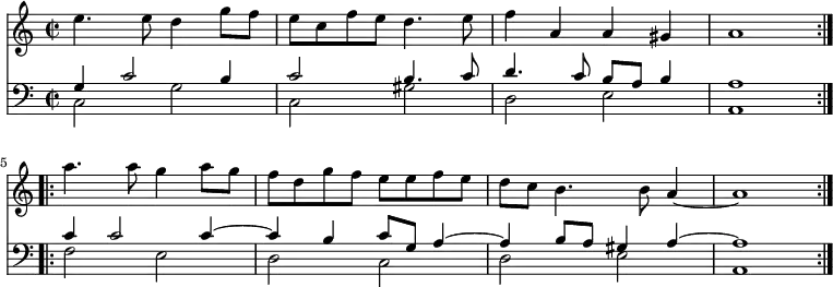 { << \new Staff \relative e'' { \time 2/2
 \repeat volta 2 {
  e4. e8 d4 g8 f | e c f e d4. e8 | f4 a, a gis | a1 } \break
 \repeat volta 2 {
  a'4. a8 g4 a8 g | f d g f e e f e | d c b4. b8 a4 ~ | a1 } }
\new Staff << \clef bass
 \new Voice \relative g { \stemUp
  g4 c2 b4 | c2 b4. c8 | d4. c8 b a b4 | a1 | %end line 1
  c4 c2 c4 ^~ | c b c8 g a4 ^~ | a b8 a gis4 a ^~ | a1 }
 \new Voice \relative c { \stemDown
  c2 g' | c, gis' | d e | a,1 | %end line 1
  f'2 e | d c | d e | a,1 } >> >> }