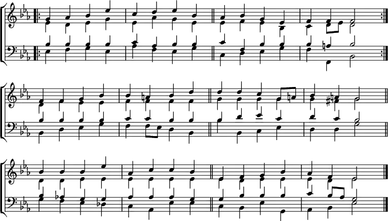
\new ChoirStaff <<
  \new Staff { \clef treble \time 4/4 \key es \major \set Staff.midiInstrument = "church organ" \omit Staff.TimeSignature \set Score.tempoHideNote = ##t \override Score.BarNumber  #'transparent = ##t 
  \relative c''
  << { \bar".|:" g4 aes bes es | c d es bes | \bar"||" aes bes g es | f f f2 \bar":|." \break
       f4 f g bes | bes a bes d \bar"||" d d c g8 a | bes4 a g2 \bar"||" \break
       bes4 bes bes es | aes, c c bes \bar"||" es, f g bes | aes f es2 \bar"|." } \\
  { es4 d es g | es aes g es | es f es bes | c d8 es d2 |
    d4 f es es | f f f f | g g g g | g fis g2 |
    d4 d es es | es es es es | es d es es | es d es2 } >>
  } 
\new Staff { \clef bass \key es \major \set Staff.midiInstrument = "church organ" \omit Staff.TimeSignature  
  \relative c'
  << { bes4 4 4 4 | c aes bes bes | c f, bes bes | bes a bes2 |
       4 4 4 4 | c c bes bes | bes d es c | d c bes2 |
       bes4 aes! g g | aes aes aes g | g bes bes bes | c bes8 aes g2 } \\
  { es4 f g es | aes f es g | c, d es g | f f, bes2 |
    bes4 d es g | f f8 es d4 bes | bes' bes, c es | d d g2 |
    g4 f es des | c aes es' es | c bes es g, | aes bes es2 } >>
  } 
>>
\layout { indent = #0 }
\midi { \tempo 4 = 120 }
