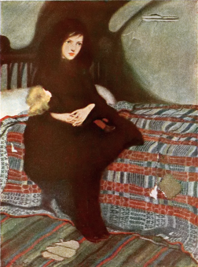 a girl sitting on a bed with a doll on her lap