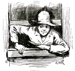 Huck leaning across the windowsill