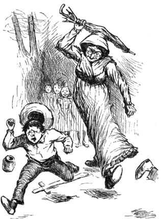 boy runs from lady trying to hit him with a folded umbrella