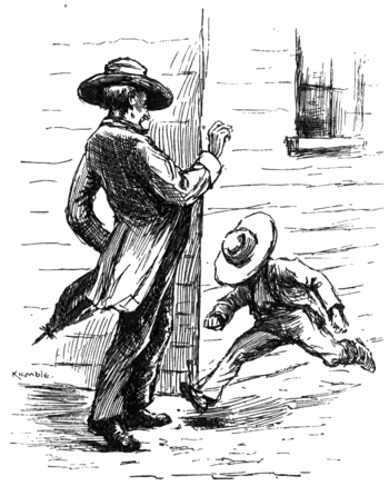 boy running around corner, about to collide with man