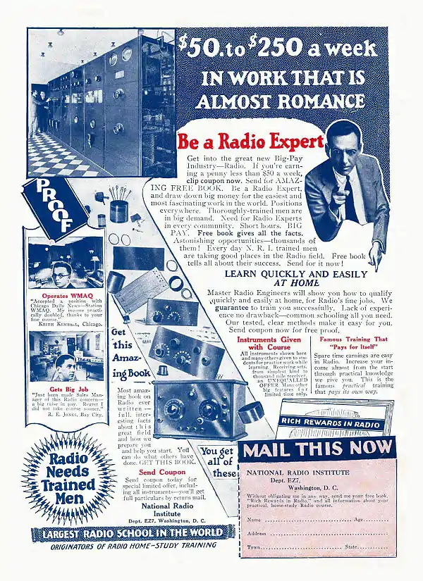 "Be a Radio Expert" advertisement for the National Radio Institute. "$50.to $250 a week IN WORK THAT IS ALMOST ROMANCE"; "Be a Radio Expert"; "Learn Quickly and Easily at Home".