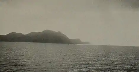 This picture shows seashore of hills as seen off Chi-Fu Harbor, China west of Seoul, Korea.