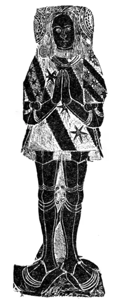 Fig. 21.—Brass in the Scarisbrick Chapel of Ormskirk Church, co. Lancs., to a member of the Scarisbrick family of that name. Arms: Gules, three mullets in bend between two bendlets engrailed argent. (From a rubbing by Walter J. Kaye.)