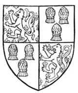 Fig. 45.—Arms of John, Lord Beaumont, K.G. (d. 1396). From his Garter Plate: 1 and 4, Beaumont; 2 and 3, azure, three garbs or (for Comyn).