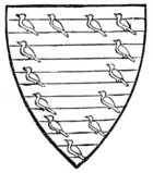 Fig. 60.—Arms of Aymer de Valence, Earl of Pembroke: "Baruly argent and azure, an orle of martlets gules." (From his seal.)