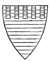 Fig. 120.—Arms of William de Valence, Earl of Pembroke (d. 1296); Barruly azure and argent, a label of five points gules, the files depending from the chief line of the shield, and each file charged with three lions passant guardant or. (From MS. Reg. 14, C. vii.)
