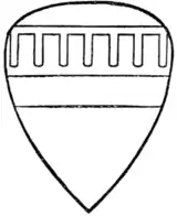 Fig. 235.—Arms of Seiher de Quincy, Earl of Winchester (d. 1219): Or, a fess gules, a label of seven points azure. (From his seal.)