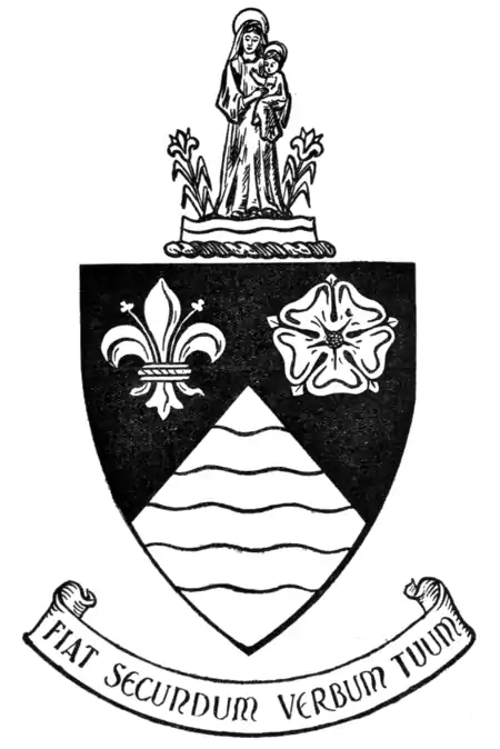 Fig. 252.—Arms of Marylebone: Per chevron sable and barry wavy of six, argent and azure in chief, in the dexter a fleur-de-lis, and in the sinister a rose, both or. Crest: on a wreath of the colours, upon two bars wavy argent and azure, between as many lilies of the first, stalked and leaved vert, a female figure affronté proper, vested of the first, mantled of the second, on the left arm a child also proper, vested or, around the head of each a halo of the last. Motto: "Fiat secundum verbum tuum."