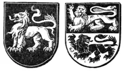 Fig. 281.—Lion statant, lion passant guardant, and lion passant regardant, by Mr. G. W. Eve. (From "Decorative Heraldry.")