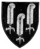 Fig. 478.—The "Shield for Peace" of Edward the Black Prince (d. 1376): Sable, three ostrich feathers with scrolls argent. (From his tomb in Canterbury Cathedral.)