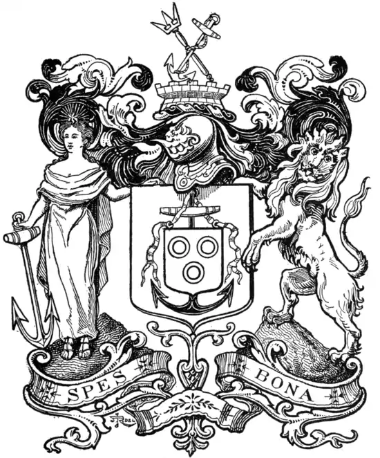 Fig. 673.—Arms of Cape Town: Or, an anchor erect sable, stock proper, from the ring a riband flowing azure, and suspended therefrom an escocheon gules charged with three annulets of the field; and for the crest, on a wreath of the colours, upon the battlements of a tower proper, a trident in bend dexter or, surmounted by an anchor and cable in bend sinister sable.