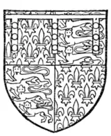 Fig. 717.—Edmund of Langley, Duke of York, fifth son of King Edward III.: France (ancient) and England quarterly, a label of three points argent, each point charged with three torteaux. (From his seal, 1391.) His son, Edward, Earl of Cambridge, until he succeeded his father, i.e. before 1462, bore the same with an additional difference of a bordure of Spain (Fig. 316). Vincent attributes to him, however, a label as Fig. 719, which possibly he bore after his father's death.