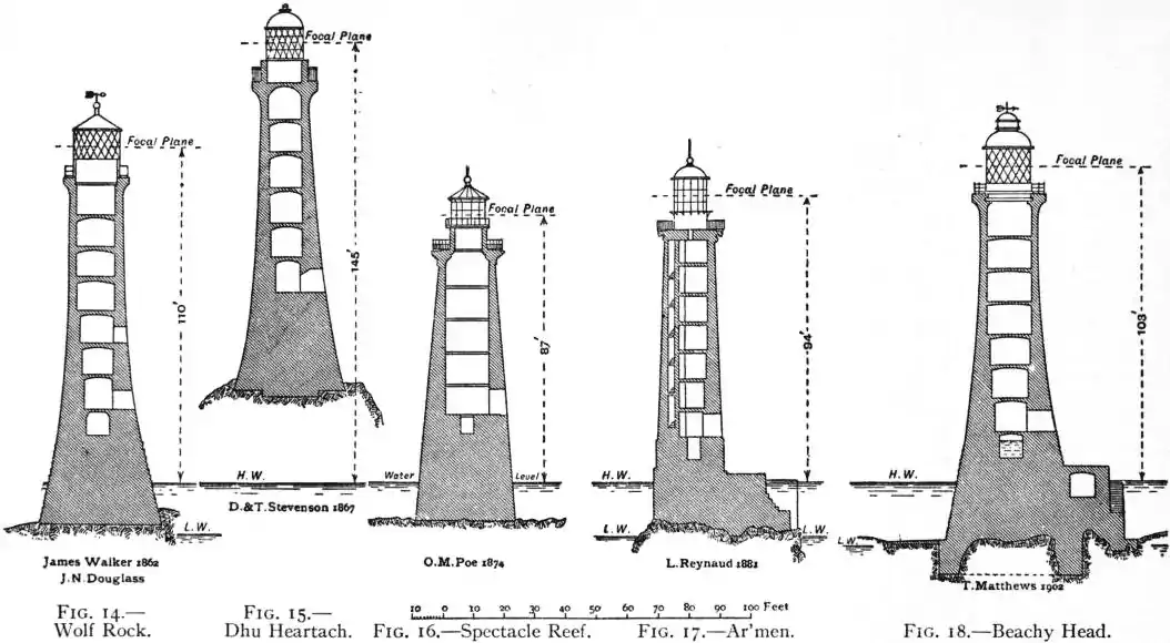 EB1911 - Lighthouse - Fig. 14-18- Wolf Rock, Dhu Heartach, Spectacle Reef, Ar'men, Beachy Head.jpg