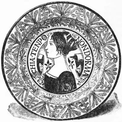 EB1911 Ceramics Fig. 47.—Gubbio plate, with portrait in ruby lustre and blue outline.jpg