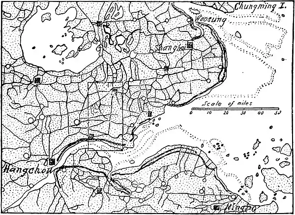 Farmers of forty centuries - Map of portions of Chekiang and Kiangsu Provinces representing canals and sea-wall.jpg