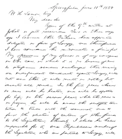 Recollections of Abraham Lincoln - Letter to W.H. Lamon June 11 1858 Page 1.png