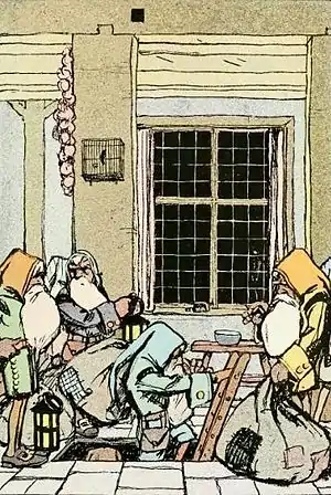 .mw-parser-output .wst-center{text-align:center}.mw-parser-output .wst-center.wst-center-nomargin>p{margin-bottom:0}
From an underground passage . . . six of the Seven Dwarfs clamber into sight