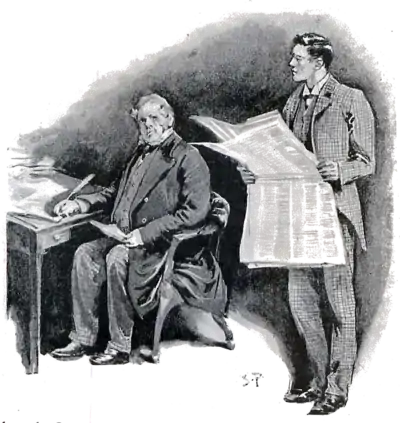 Person standing and holding a newspaper in front and to the right of another person in a chair at a table, looking at each other